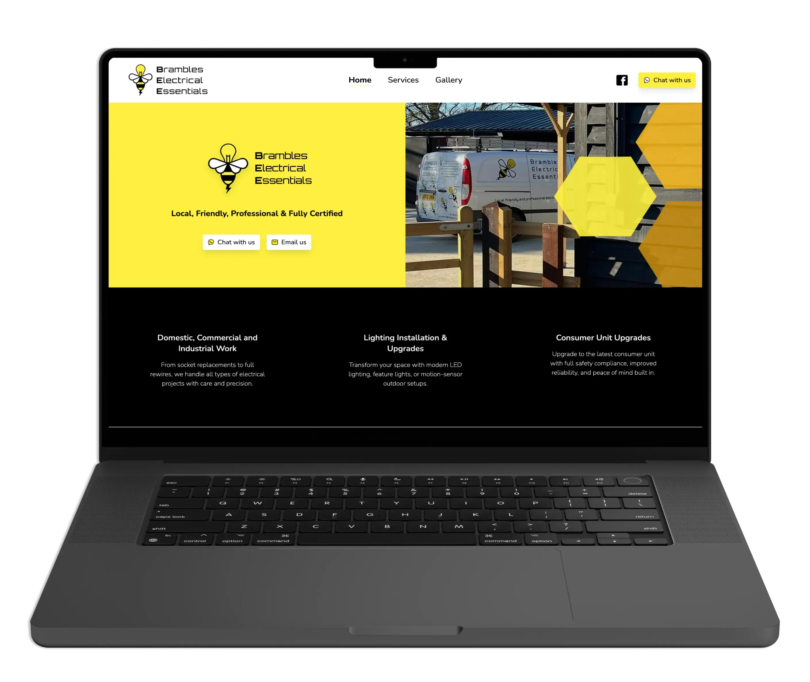 Small business website homepage displayed on a MacBook Pro laptop